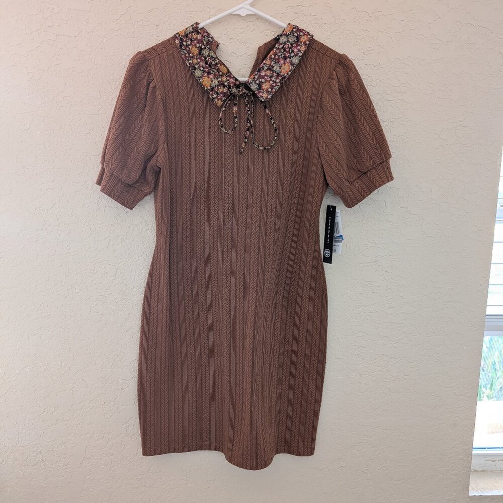 As U Wish 70's Inspired Long Sleeved Floral Collared Cable Knit Dress Sz L NWT